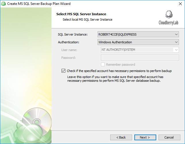 Selecting SQL Server instance for SQL Server database backup