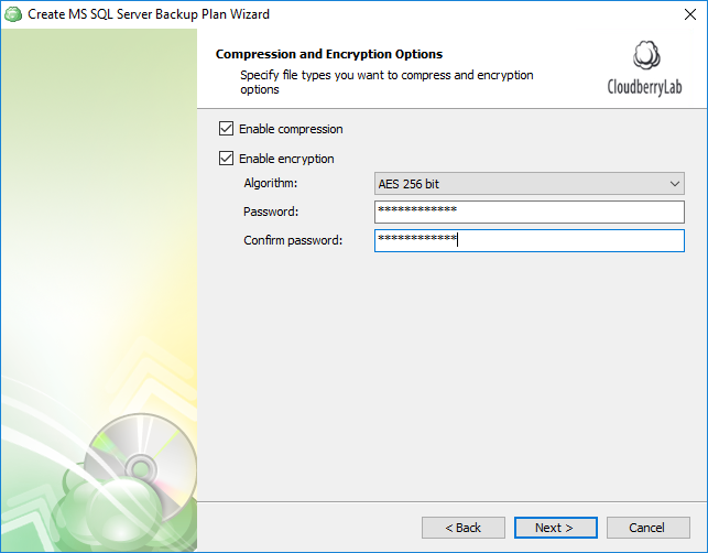 Compression and encryption for MS SQL Server database backup