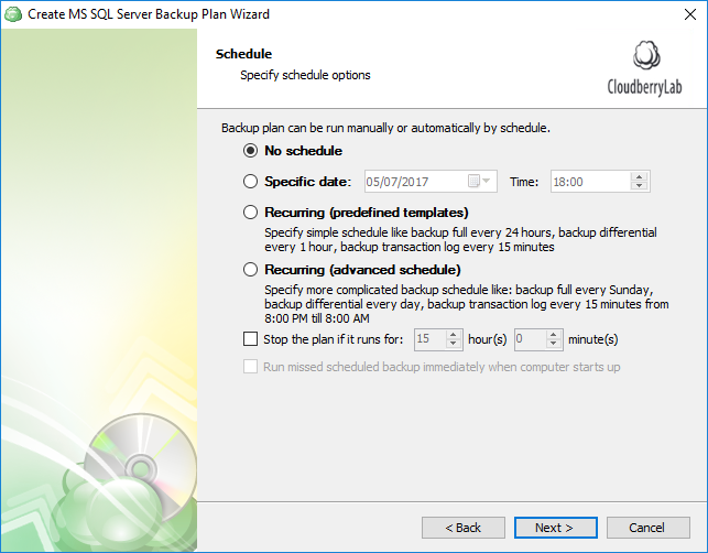 Scheduling of sql database backups