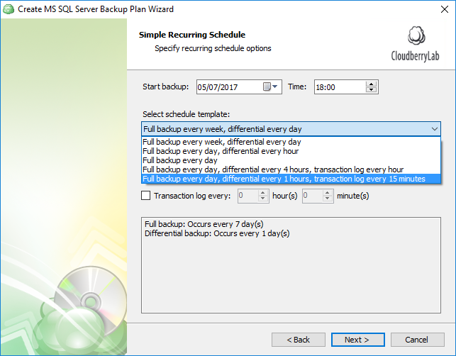 Scheduling of SQL Server database backups: predefined options