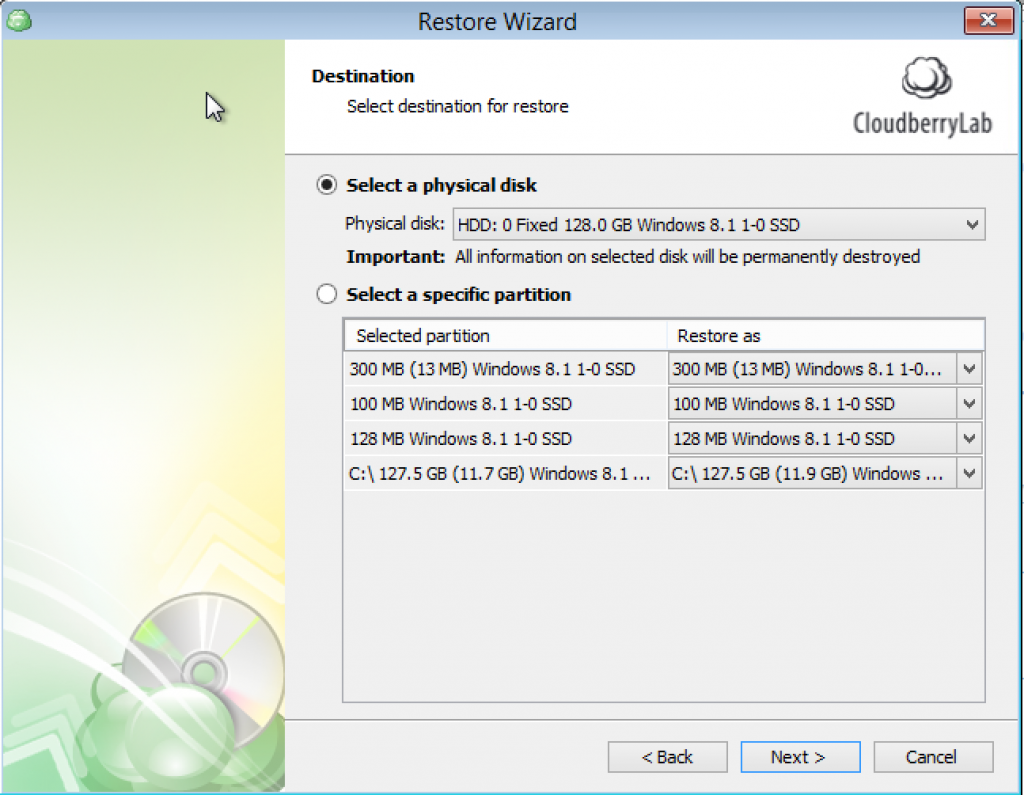 Select to which physical disk server image will be restored to