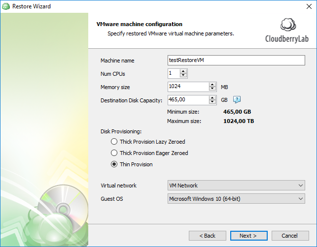 specify the virtual machine parameters