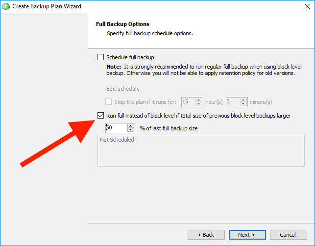 Specifying the rule for automatic start of new full backup instead of block-level backup in CloudBerry Backup