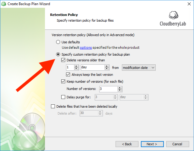Setting retention policy in CloudBerry Backup
