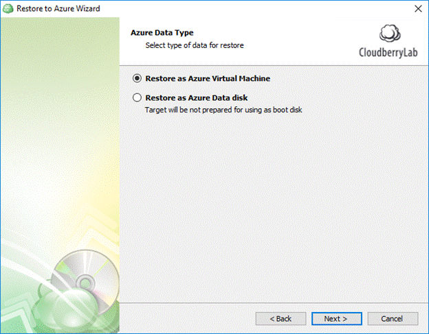 Selecting Azure data type to restore (CloudBerry software screenshot)