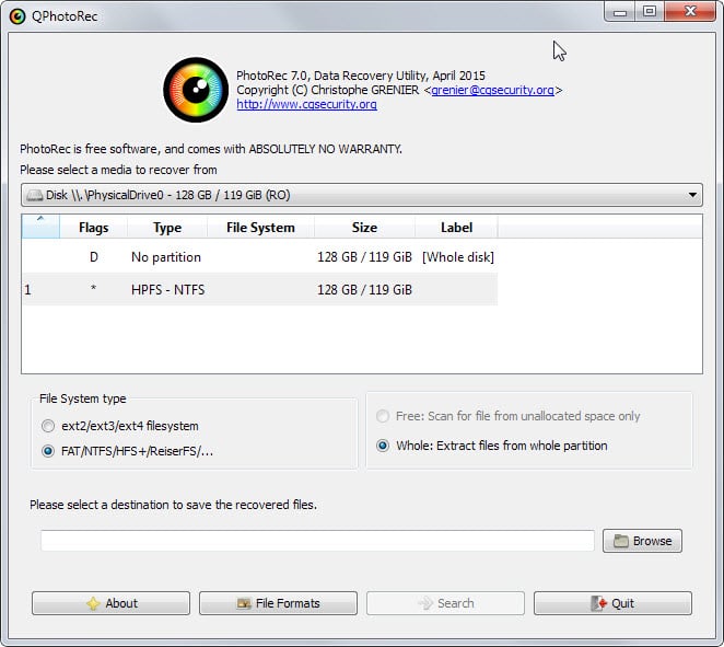 Photorec free data recovery software for Windows, Linux and macOS - GUI