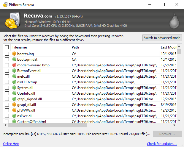 Recuva free data recovery software for Windows - GUI