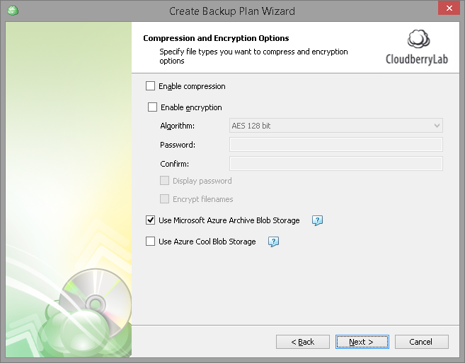 Compression and encryption options (CloudBerry software screenshot)