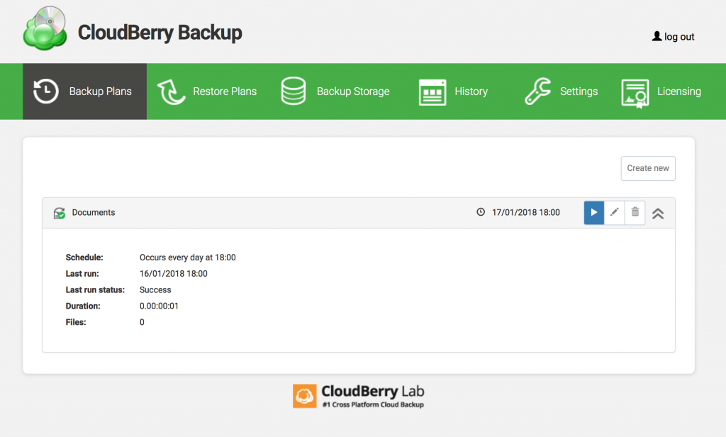 CloudBerry backup interface