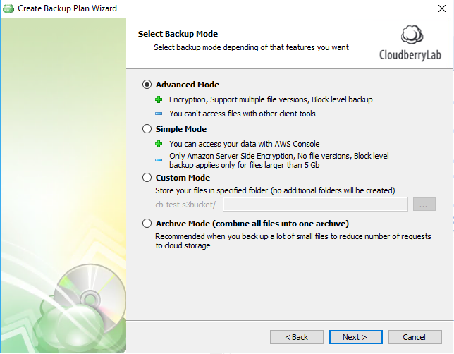 windows 10 cloud backup: select mode