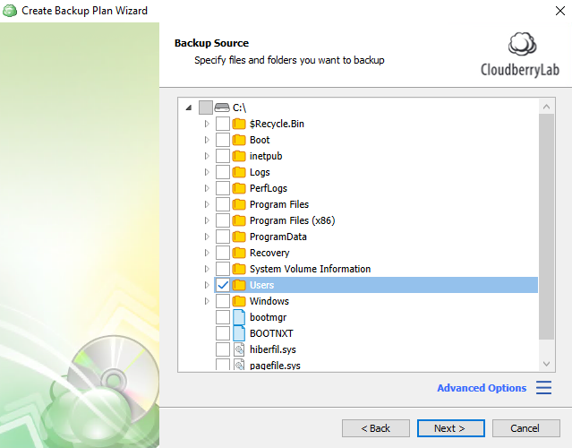windows 10 cloud backup: select source
