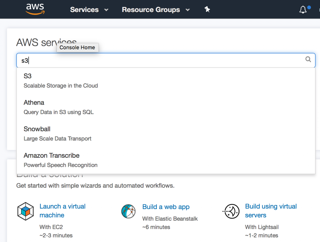 AWS storage console