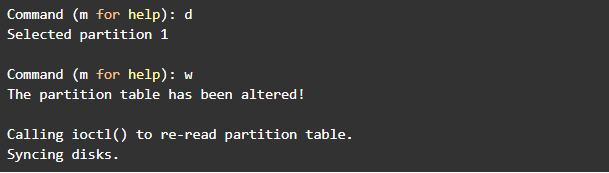 Resize Linux partition: delete partition by typing “d” and then type “w” to save modifications