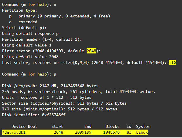 Resize Linux partition: type “n” to create the new partition