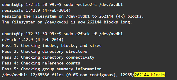 Linux partition: fix the mismatch in the file system configuration using resize2fs and then check the filesystem again