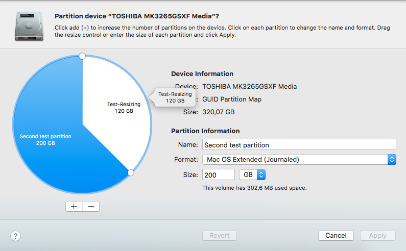 Resize Mac partition: partitions allocation pie chart