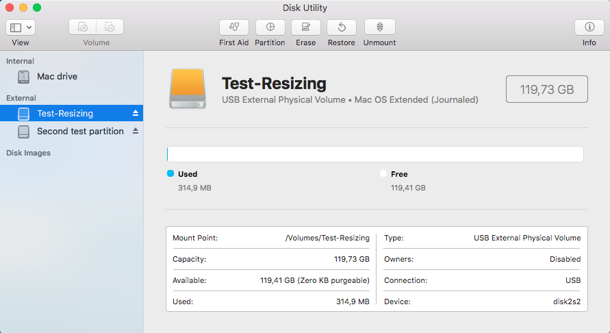 Resize Mac partition: test result - "Second test partition"