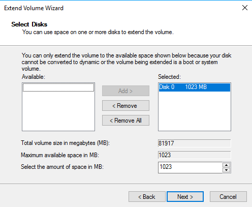 Extending Windows partition: Extend Volume Wizard