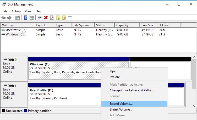 Extending Windows partition: Click 'Extend Volume'