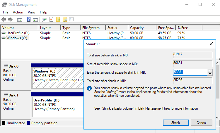 Resize Windows partition - Shrink