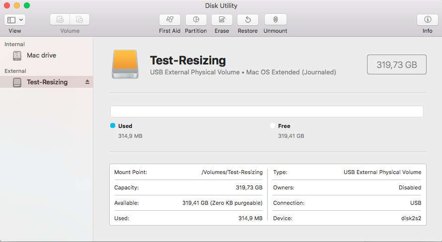 Resize Mac partition: test configuration - external USB drive with a single partition “Test-Resizing”