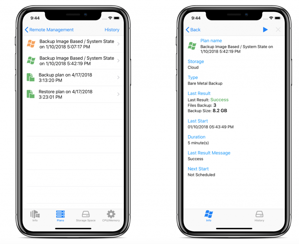 All of the backup and restore plans configured by MBS backup client on a computer - shown in CloudBerry Backup Admin for iOS