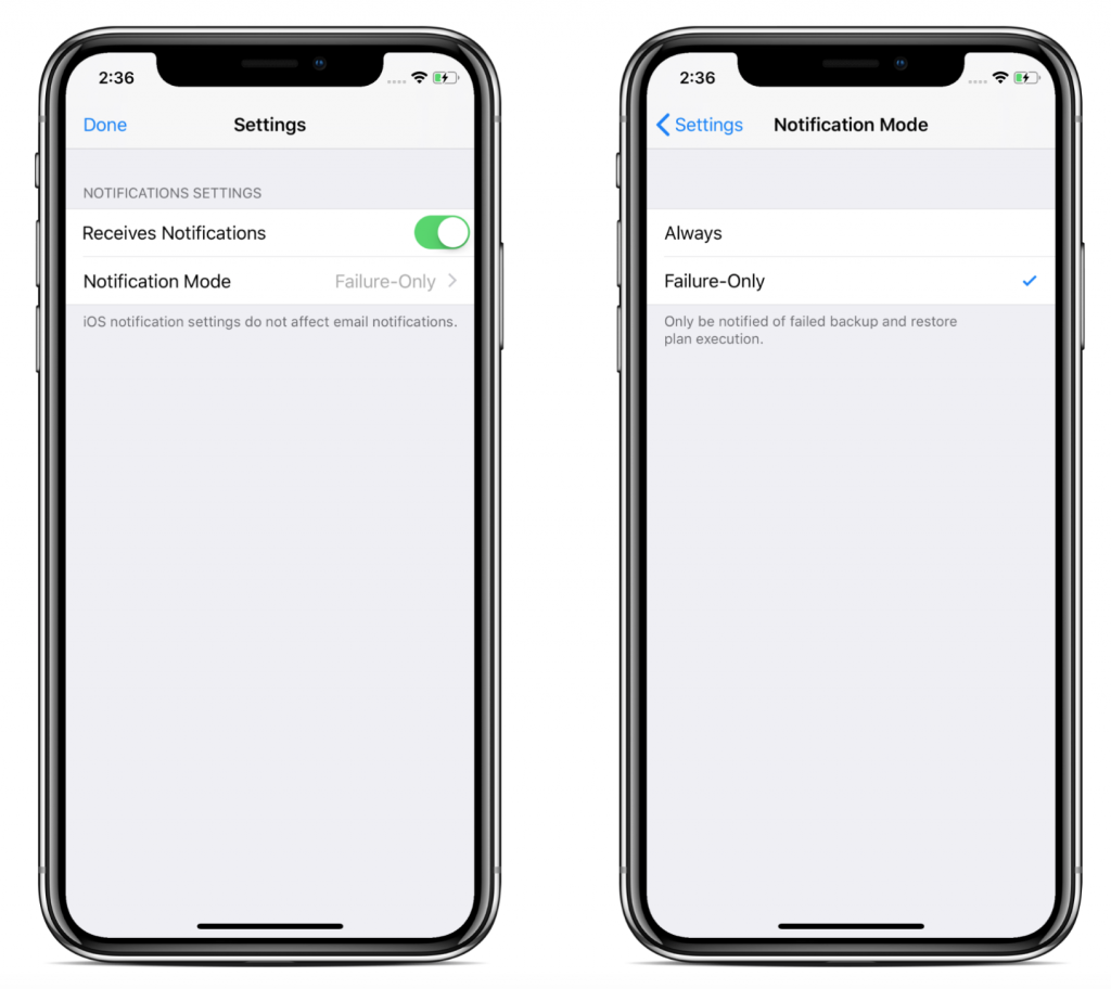 Notifications settings in CloudBerry Backup Admin for iOS