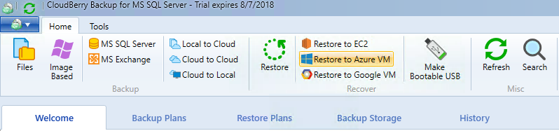 Launching 'Restore to Azure VM' wizard in CloudBerry Backup for MS SQL Server