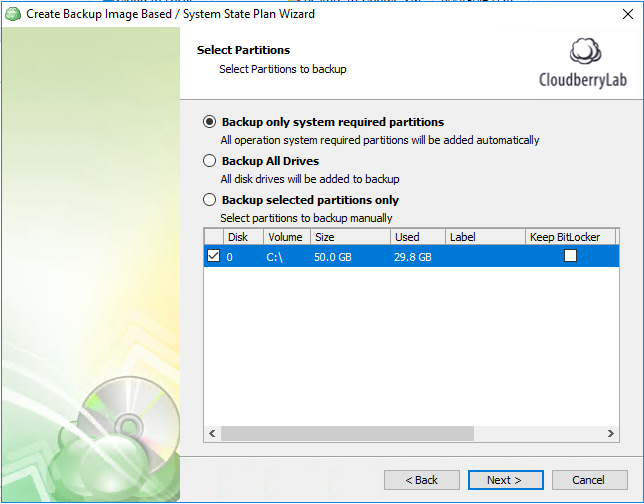 Selecting partitions for SQL Server image-based backup to Azure