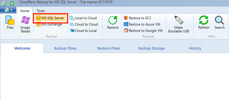 Launching CloudBerry Backup for MS SQL Server