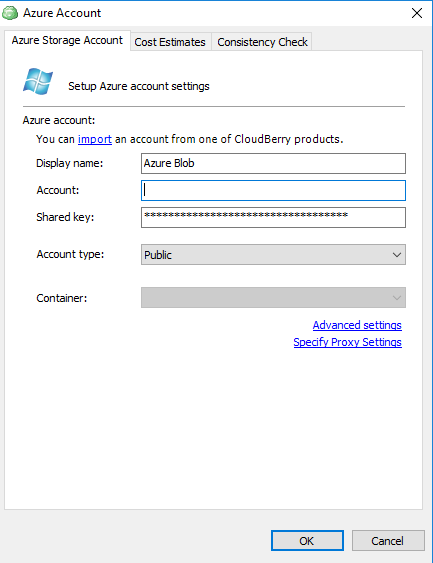 Adding Azure storage account - CloudBerry Backup screenshot