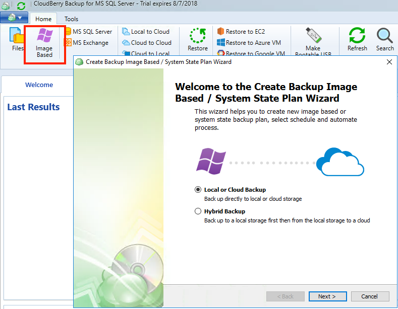 Setting up image-based backup for MS SQL Server with CloudBerry Backup