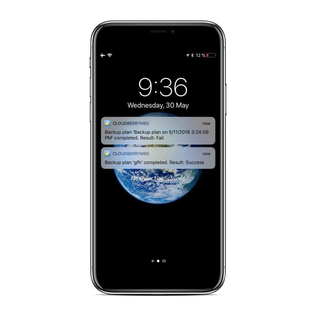 Sample notifications on iPhone screen from CloudBerry Backup Admin for iOS