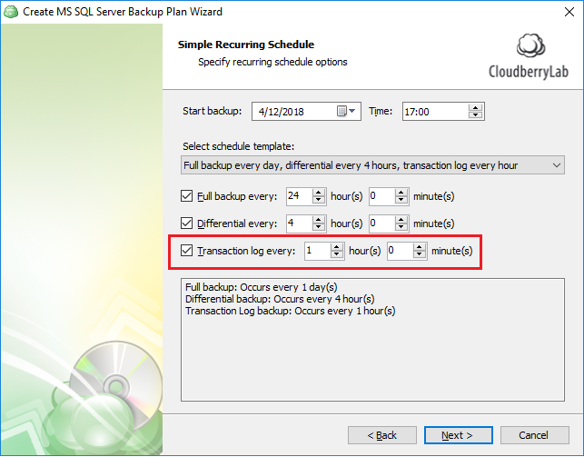 Configuring transaction log backup to run every hour