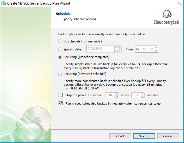 Choose schedule for your SQL Server backup
