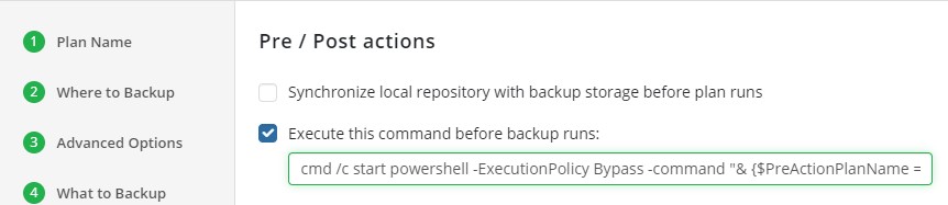 Adding a Script to a Plan in Managed Backup Service