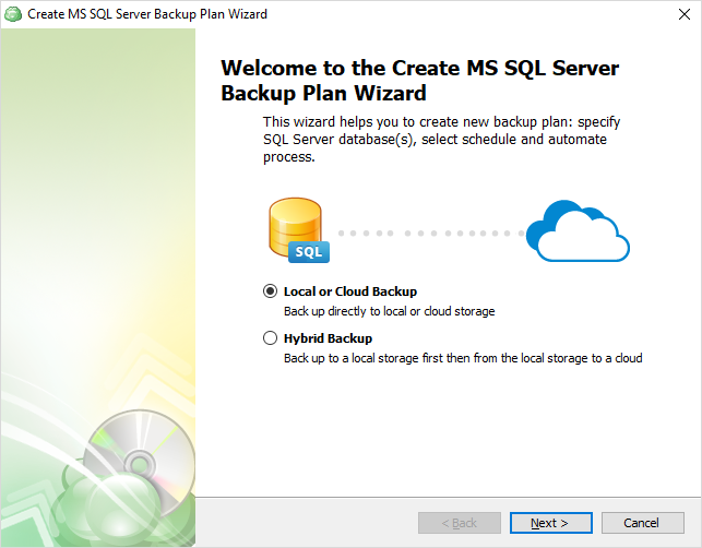 Select the backup route for SQL Server differential backup