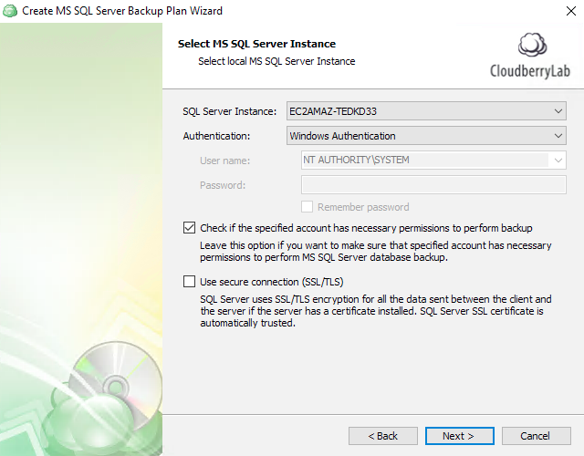 Selecting MS SQL Server instance in MSP360 Backup for MS SQL Server