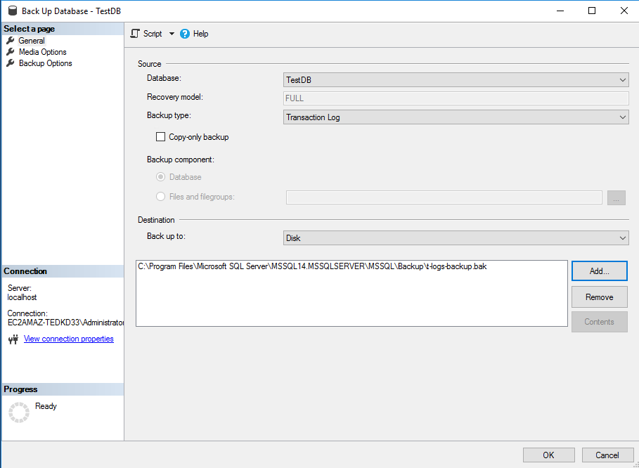 Select 'Transaction Log' backup type