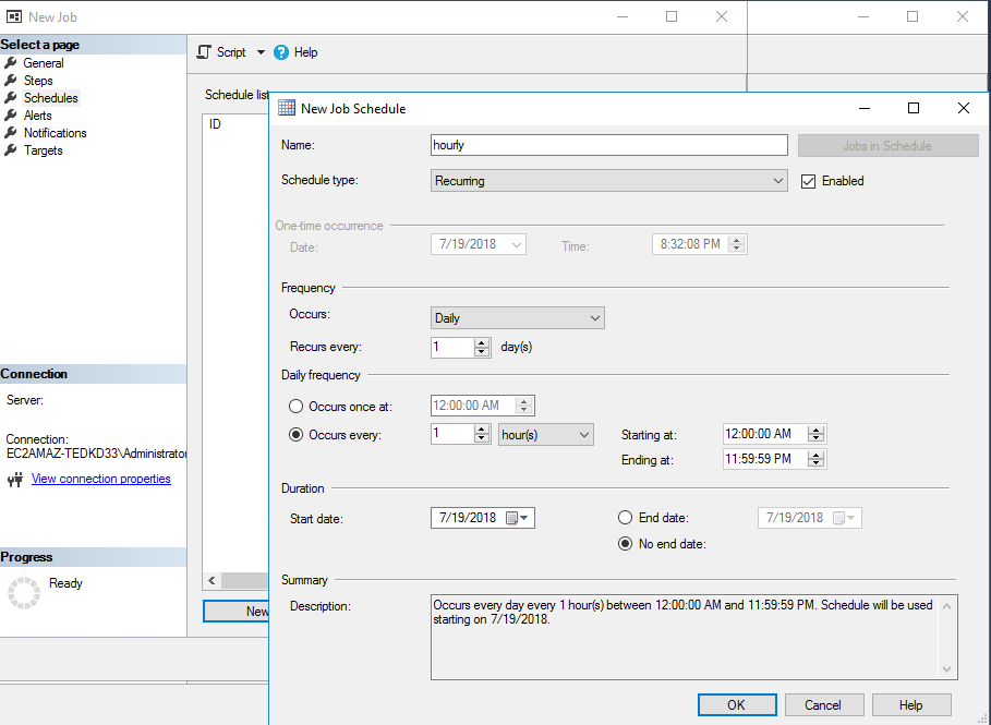 Scheduling settings example with T-Logs backup job that will run every hour