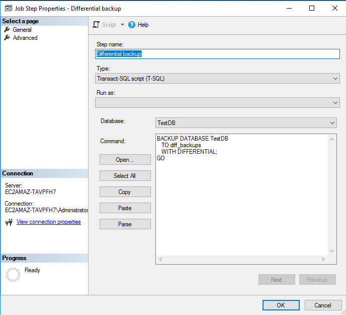 Pasting the script for SQL Server differential backup as a job step