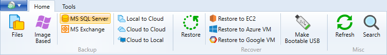 Click MS SQL Server button on the Home tab of CloudBerry Backup