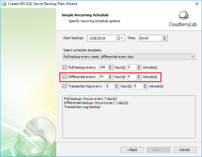 Configuring daily SQL Server differential backup