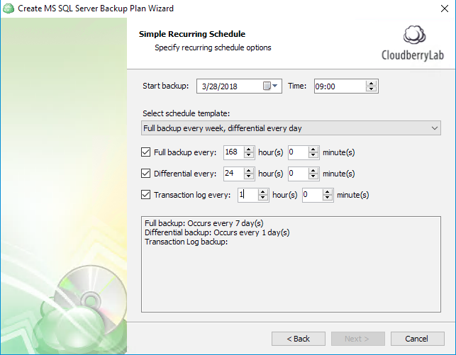 Specifying simple recurring schedule for automatic SQL Server backup