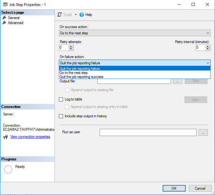 Setting additional options and error-handling rules for SQL Server automatic backup in the Advanced tab