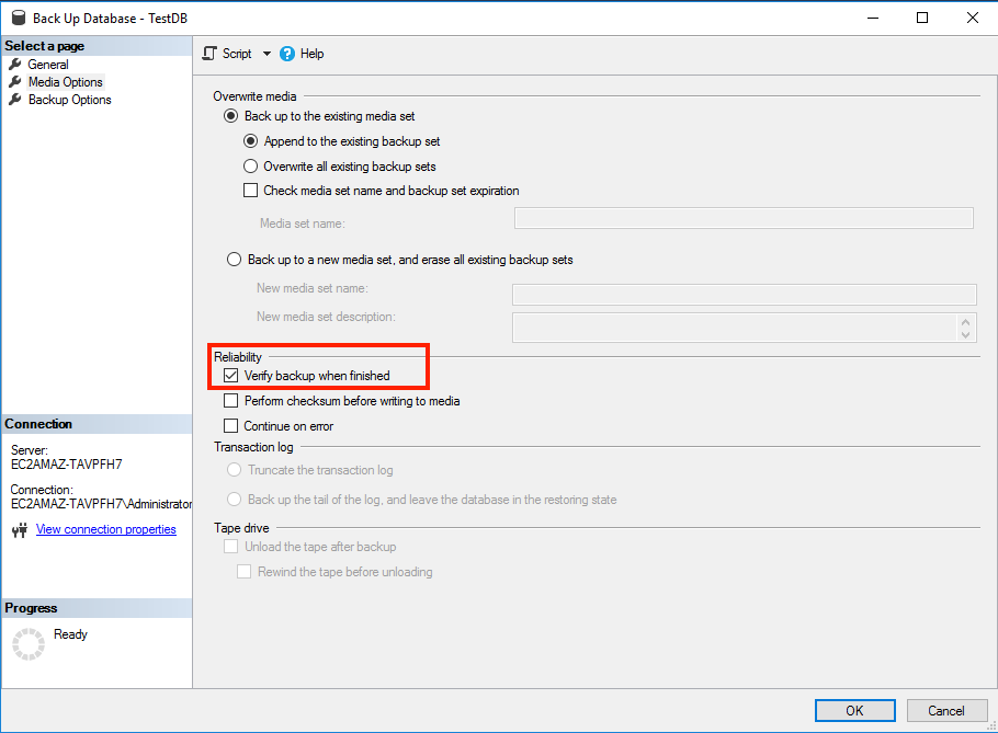 Configuring MS SQL Server backup verification