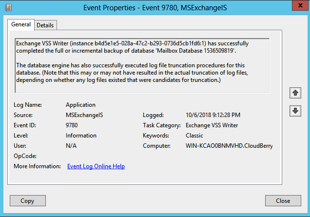 Exchange log files cleanup confirmation in Windows Event Viewer