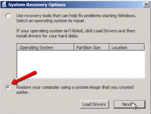 Bare-metal recovery step 4: check 'Restore your computer using a system image that you created earlier.'