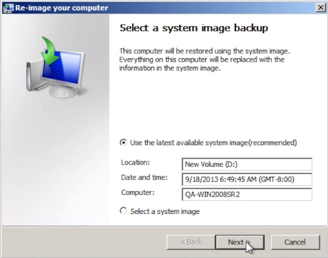 Bare-metal recovery step 5: check 'Use the latest available system image.'