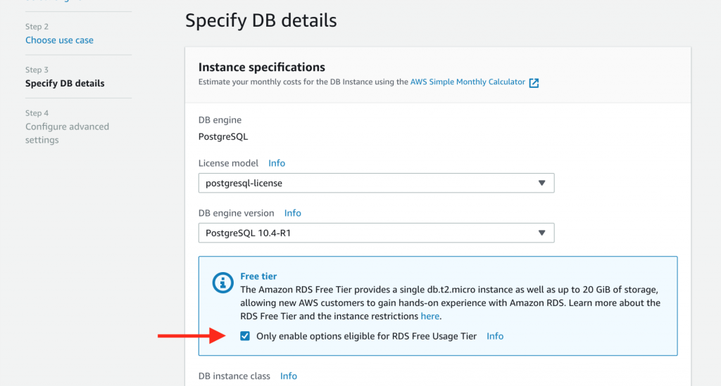 Specify DB details